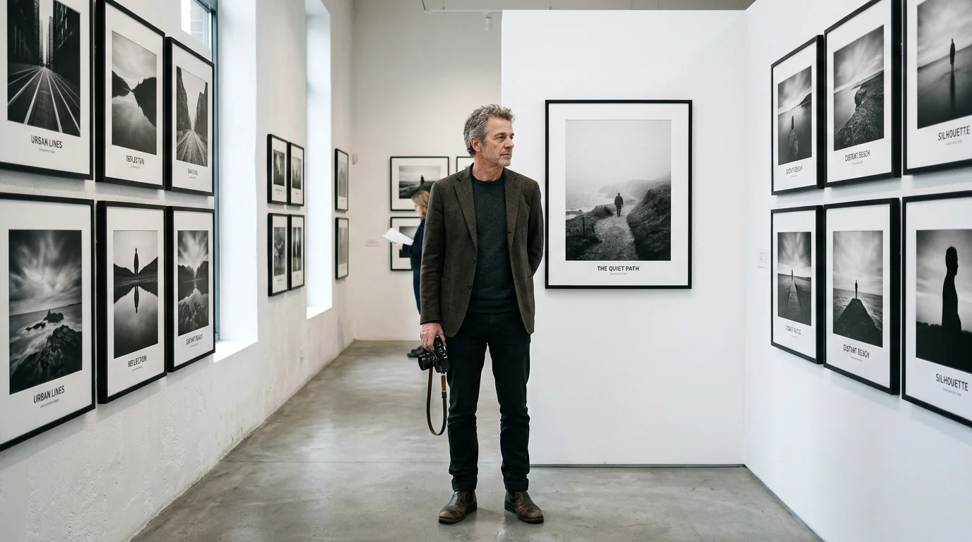 European photographer viewing framed prints in an exhibition space