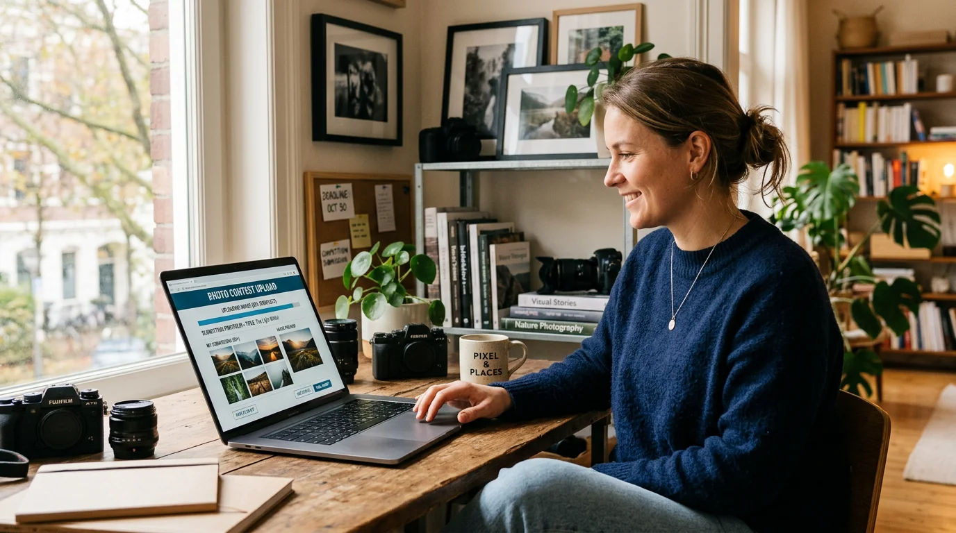 European photographer uploading a competition entry on a laptop