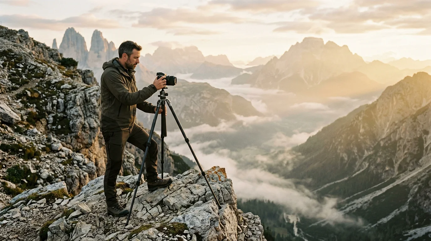 European photographer on a tripod photographing a misty mountain valley at golden hour