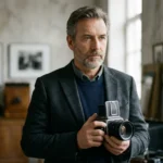 European photographer holding a medium-format camera in a studio