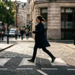 Candid street photograph of a pedestrian crossing a sunlit city street