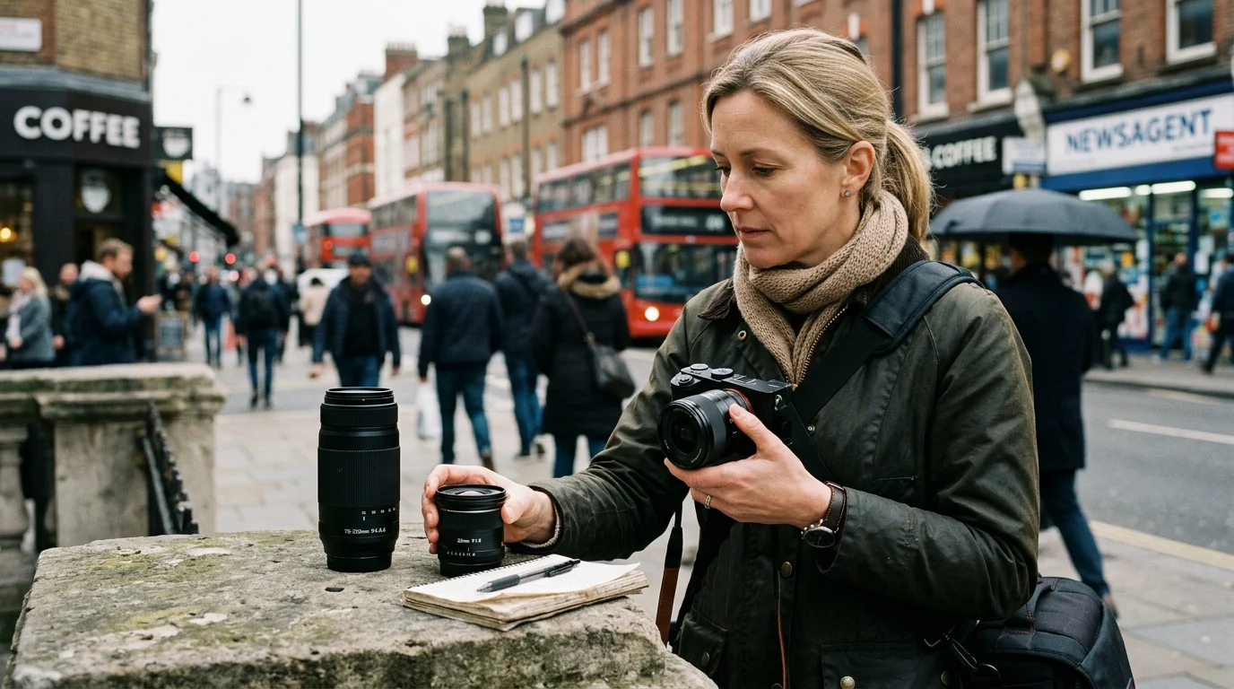 Photographer choosing between a wide angle and telephoto lens on a city street