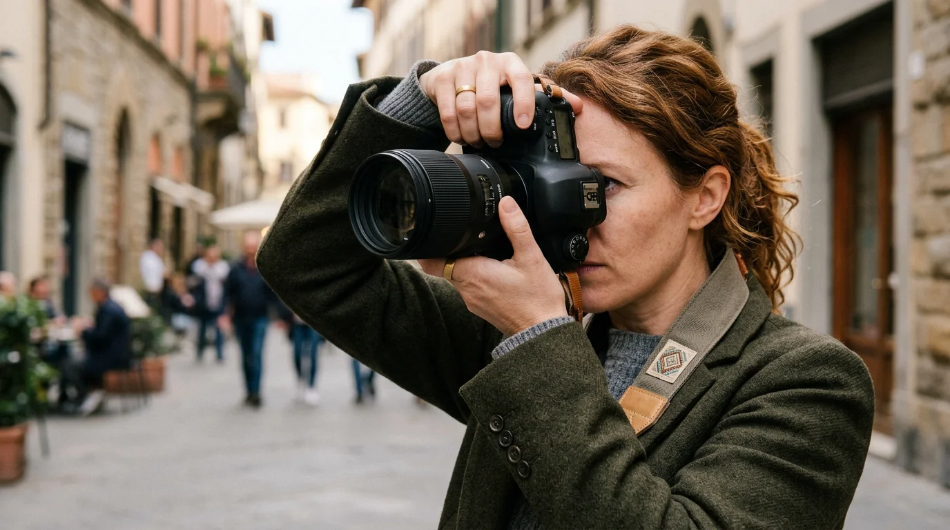 European photographer composing a tightly framed image with a camera