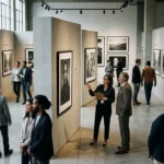 A photography exhibition with visitors evaluating framed prints under natural light