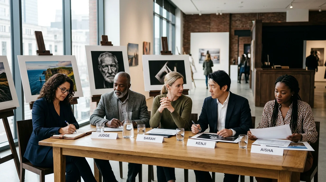 A diverse professional jury panel reviewing printed photographs in a gallery