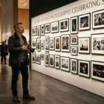 Photographer viewing a wall of framed prints in an exhibition