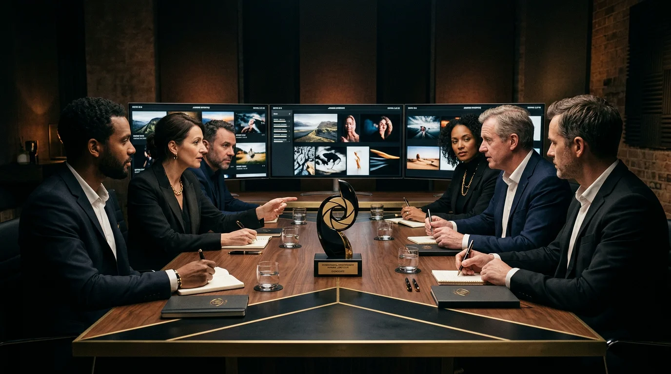 International jury reviewing photographs on screens beside an award trophy