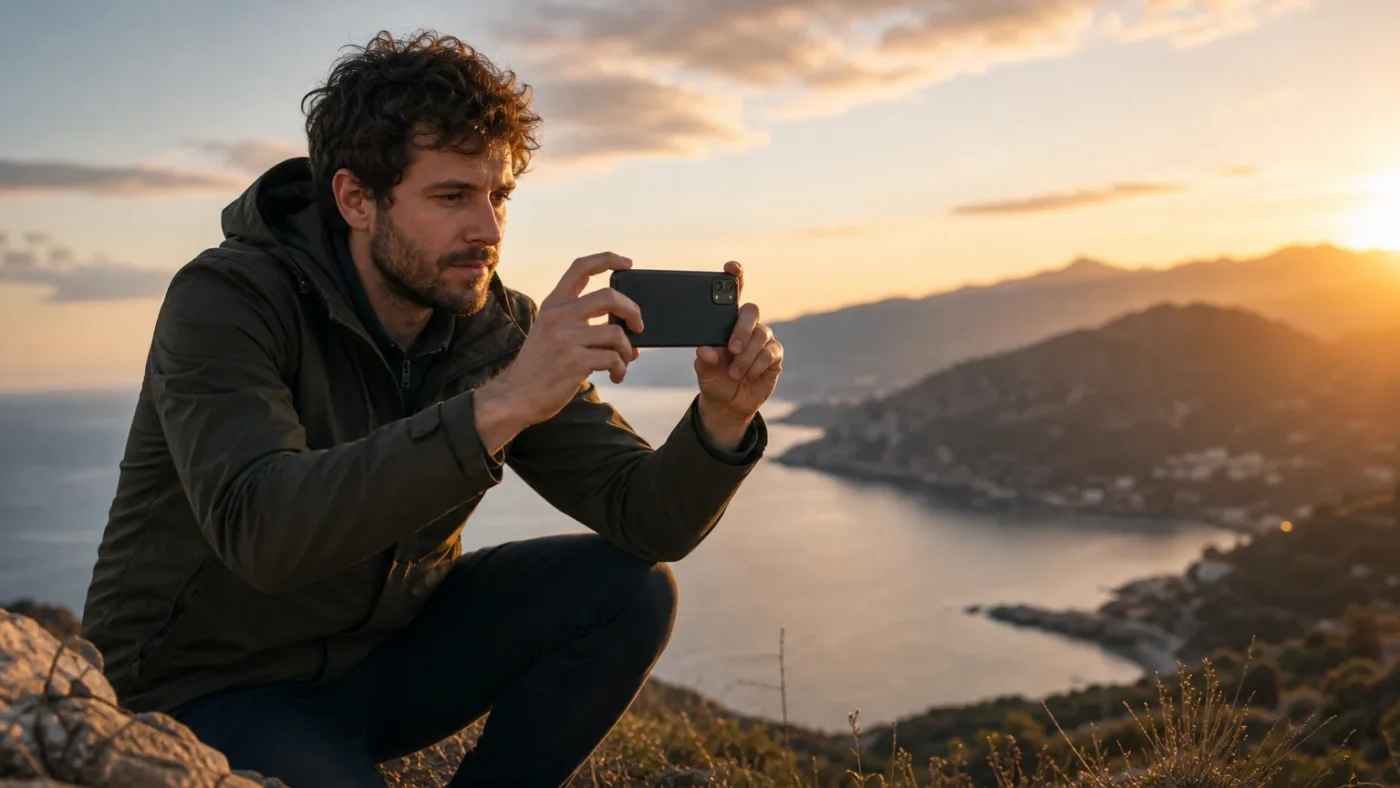 European photographer capturing a landscape on a smartphone at golden hour