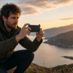 European photographer capturing a landscape on a smartphone at golden hour
