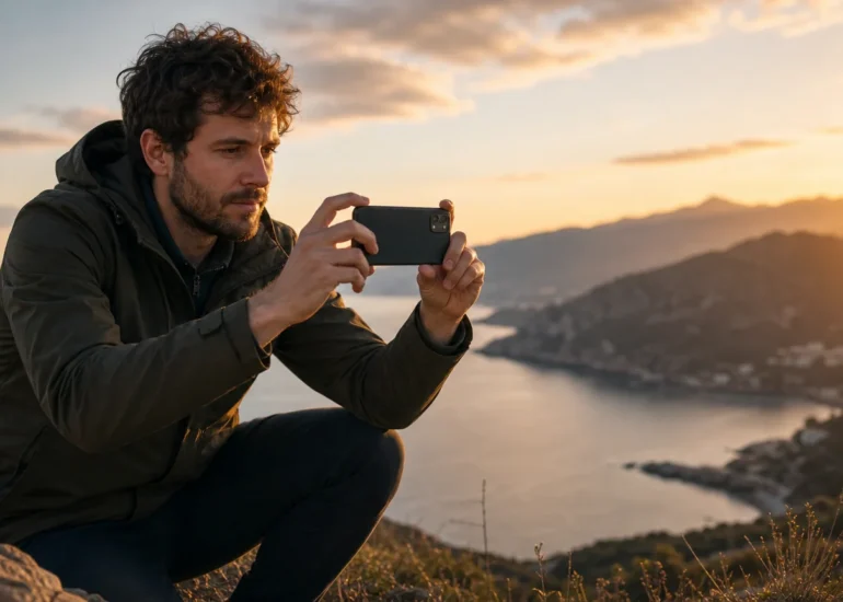 European photographer capturing a landscape on a smartphone at golden hour
