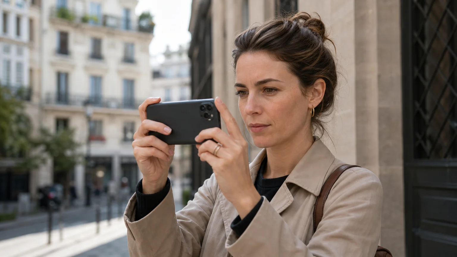 European photographer composing a street image on a smartphone