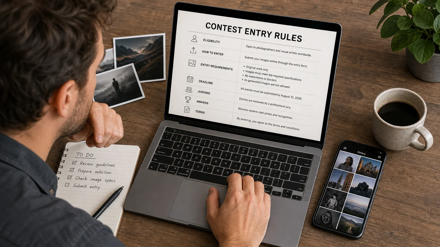 Photographer reviewing competition rules on a laptop and smartphone