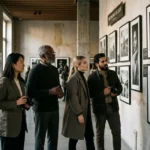 Diversos fotógrafos viendo una exposición de galería de enmarcado estampados