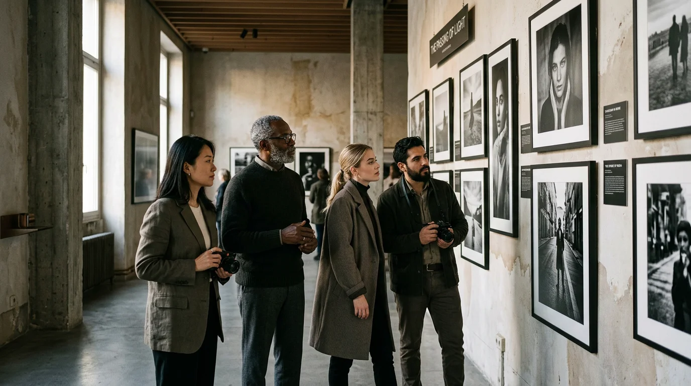 Diverse photographers viewing a gallery exhibition of framed prints