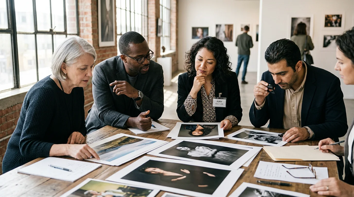 An international jury panel examining printed photographic entries on a table