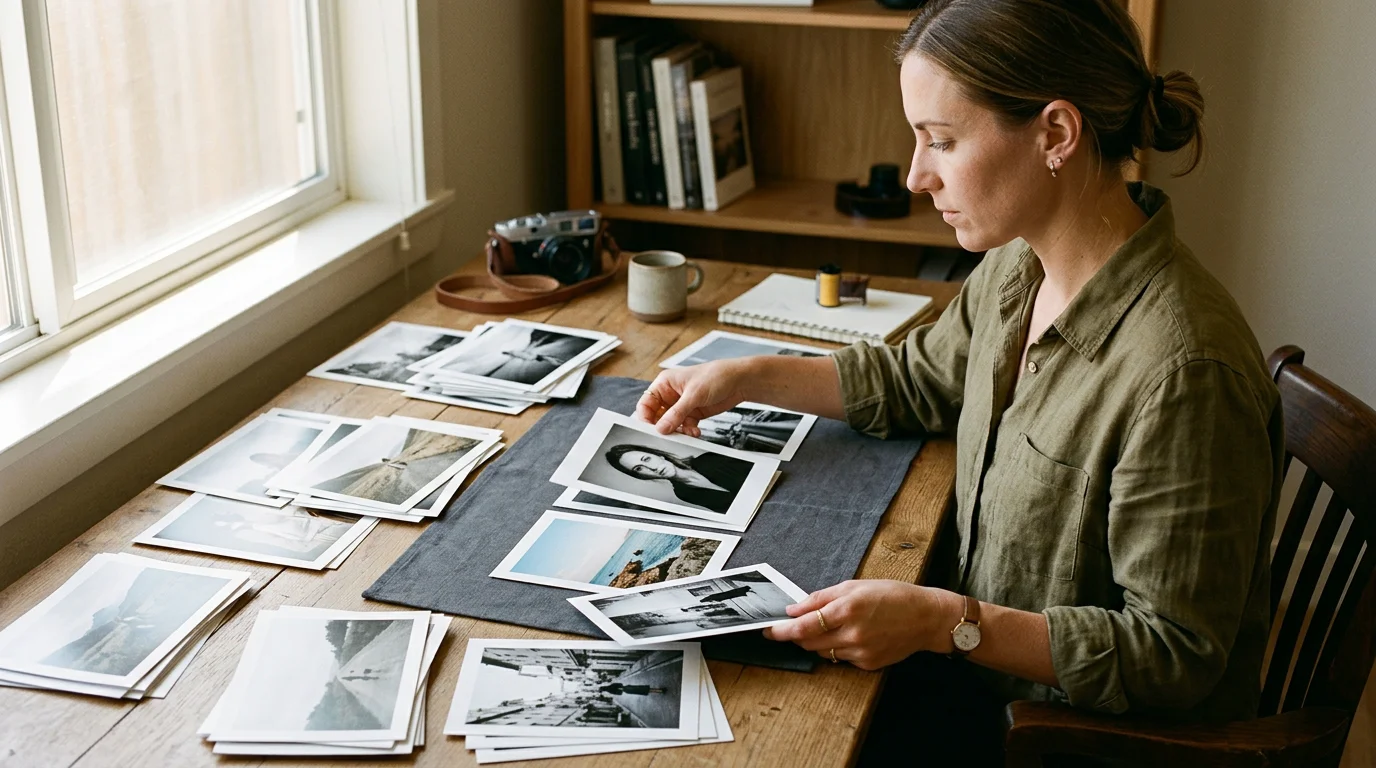 A photographer curating and selecting prints from a portfolio on a desk