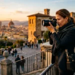 A photographer working on location with a professional camera at golden hour