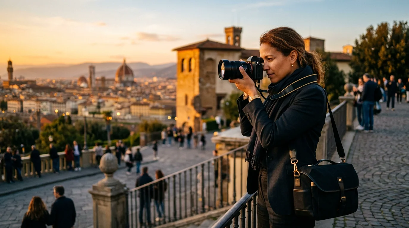 A photographer working on location with a professional camera at golden hour