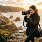 European photographer composing a shot on location at golden hour with a professional camera