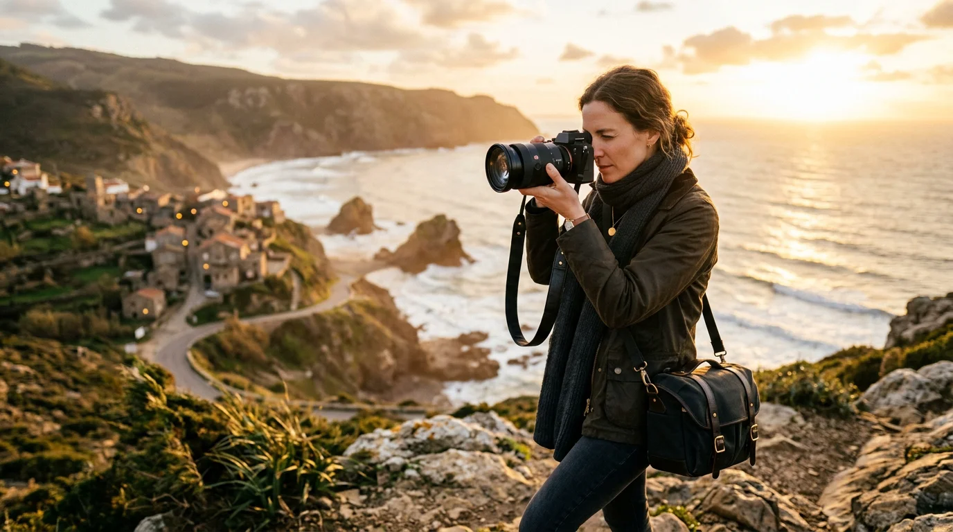 European photographer composing a shot on location at golden hour with a professional camera