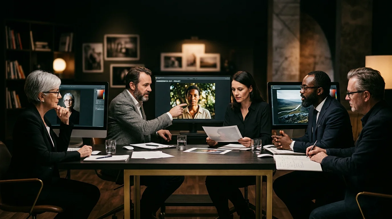 Jury international examinant des candidatures photographiques sur des écrans dans un studio élégant.