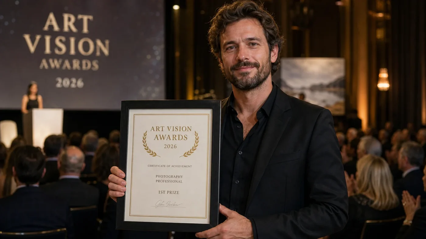 European photographer holding an award certificate at a ceremony