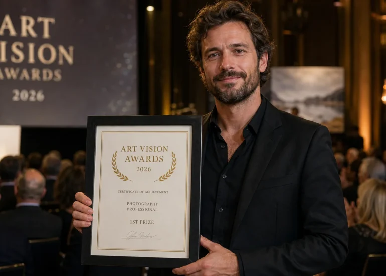 European photographer holding an award certificate at a ceremony