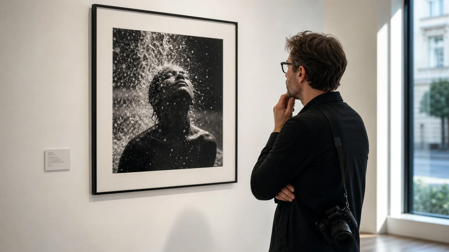 European photographer viewing an award-winning print in a gallery