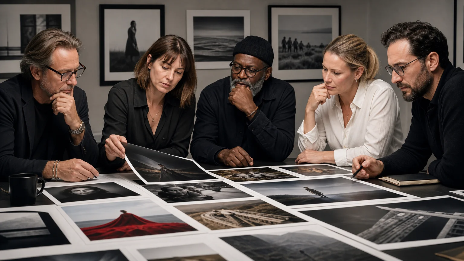 Photography jury reviewing printed images on a table