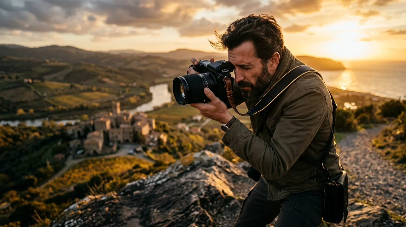 Photographe européen cadrant une scène en extérieur à l’heure dorée avec un appareil professionnel