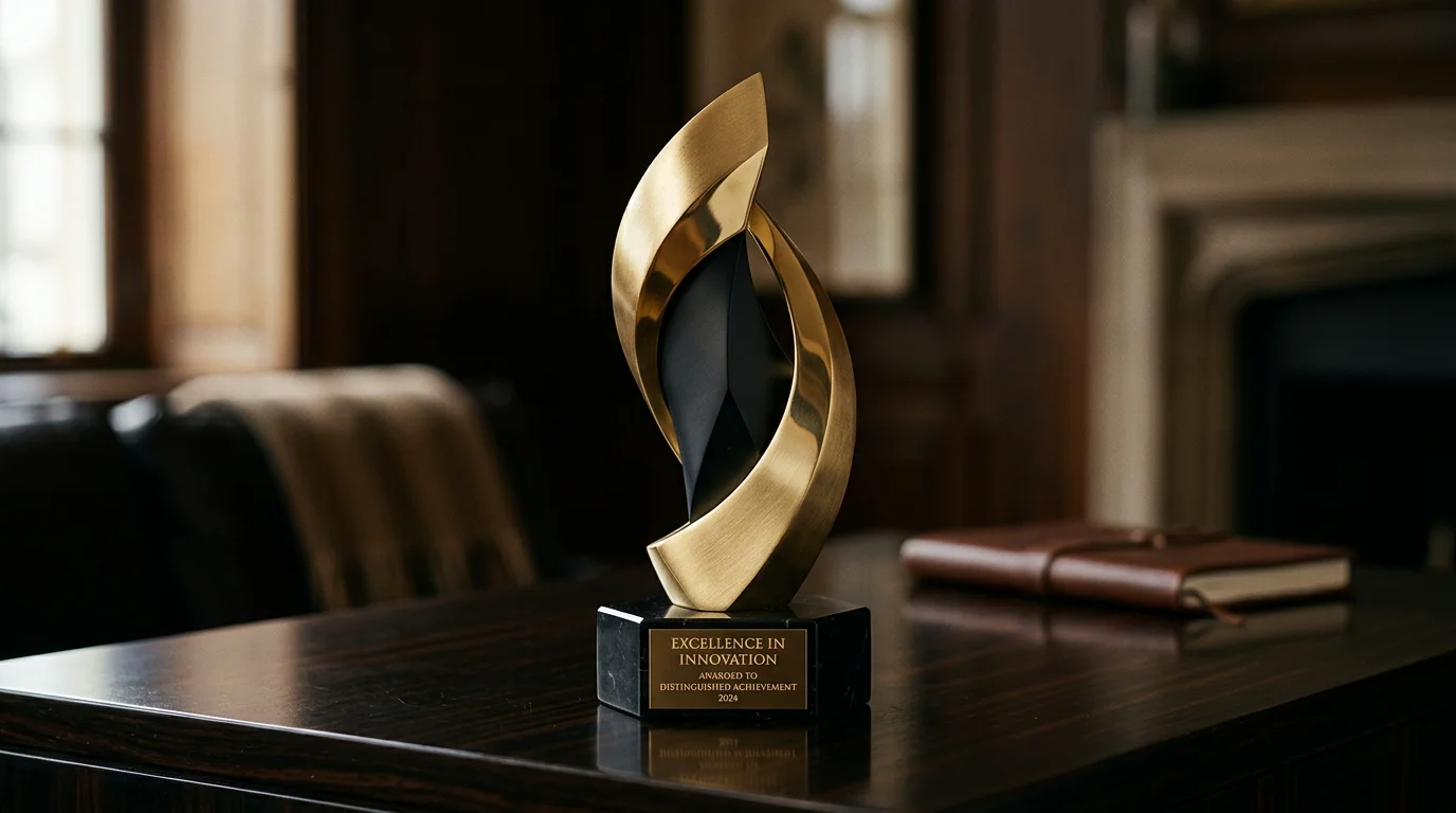 Élégant trophée photographique éclairé d’une lumière dorée cinématographique sur une surface sombre