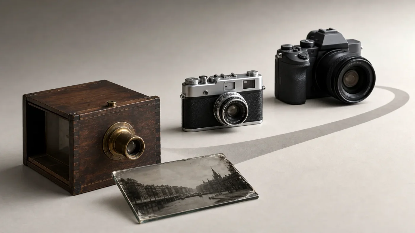 Editorial illustration showing the evolution of black-and-white photography