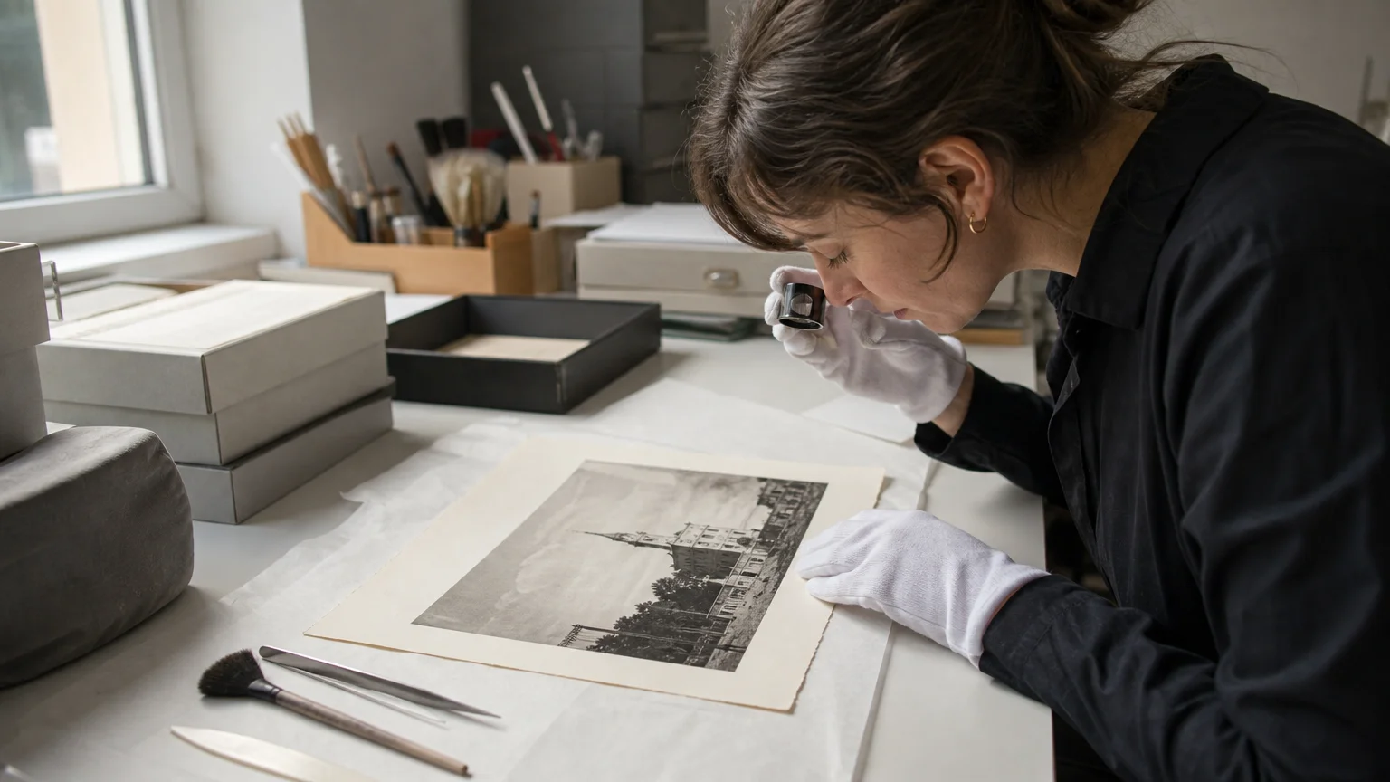 European conservator examining a historical black-and-white photograph