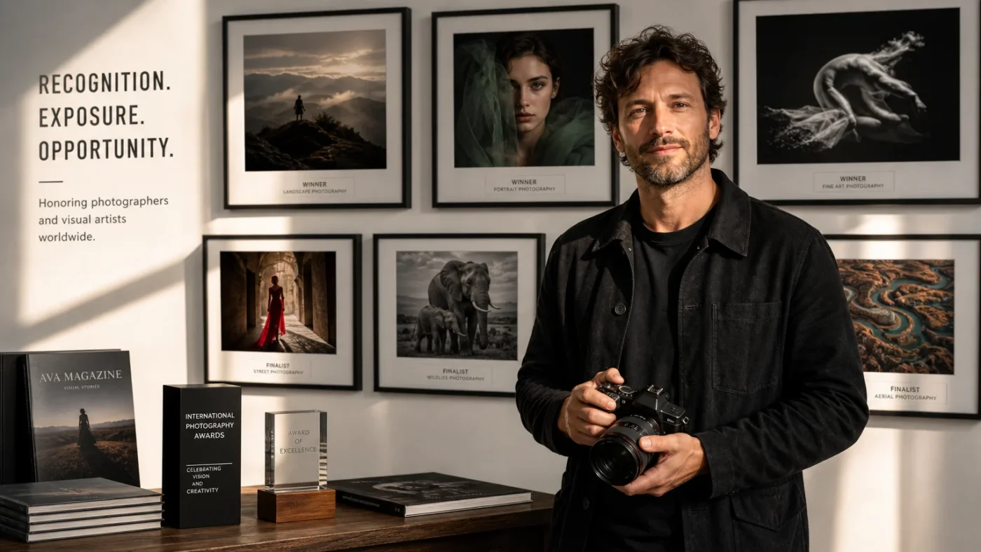 A photographer viewing award-winning images displayed in a gallery