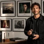 A photographer viewing award-winning images displayed in a gallery