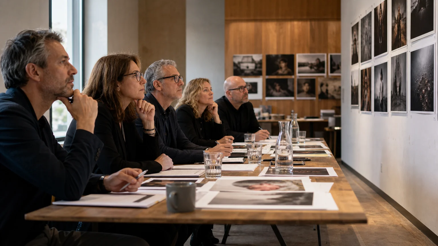 A professional jury reviewing printed photographs during a competition evaluation