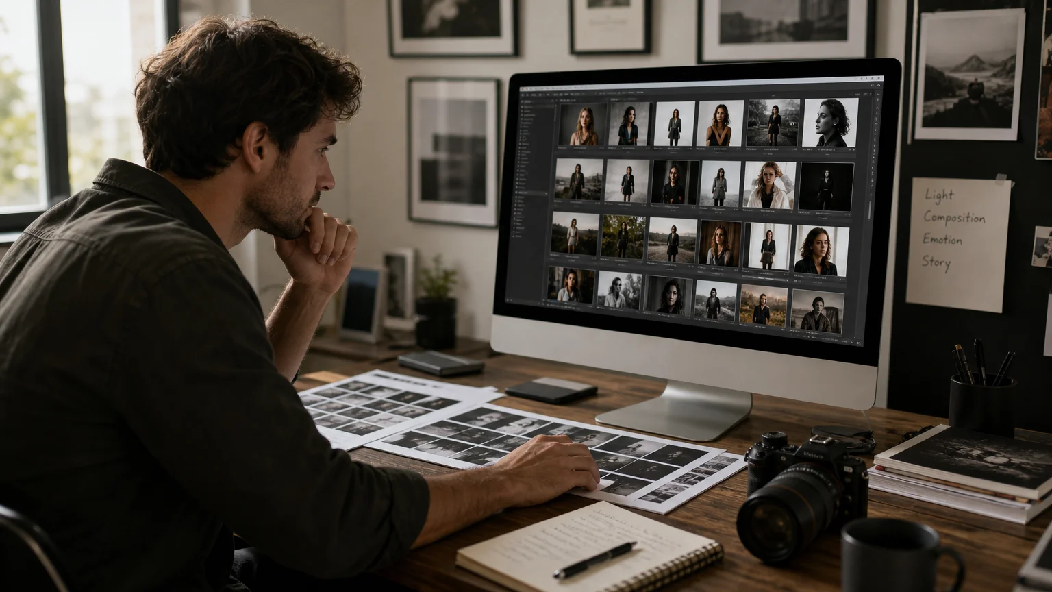 A photographer curating images at a desk while preparing a competition entry