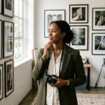 Photographe professionnel dans un studio avec des tirages sélectionnés au mur