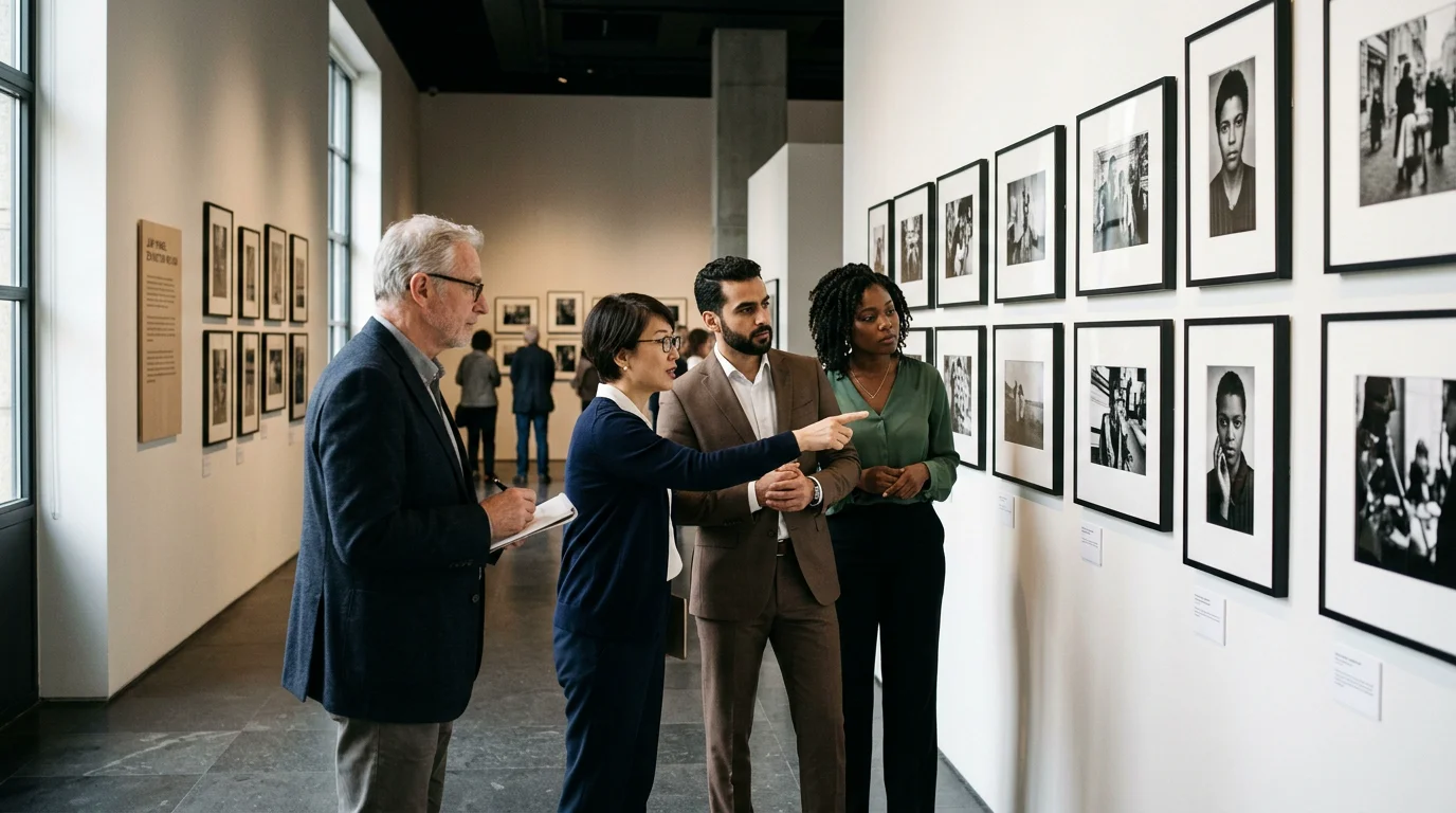 Jurado diverso evaluando fotografías enmarcadas durante una exposición en una galería