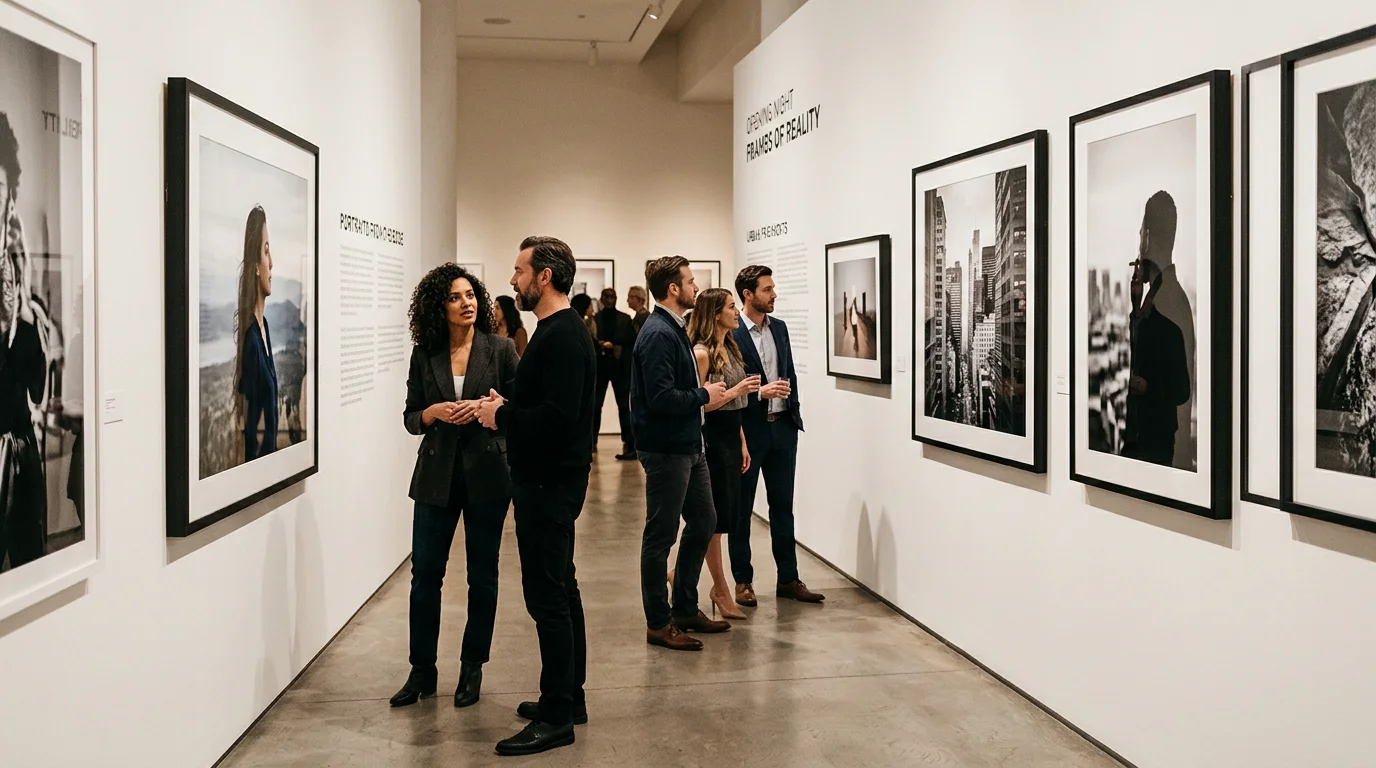 Visitantes observando copias enmarcadas en una elegante exposición fotográfica