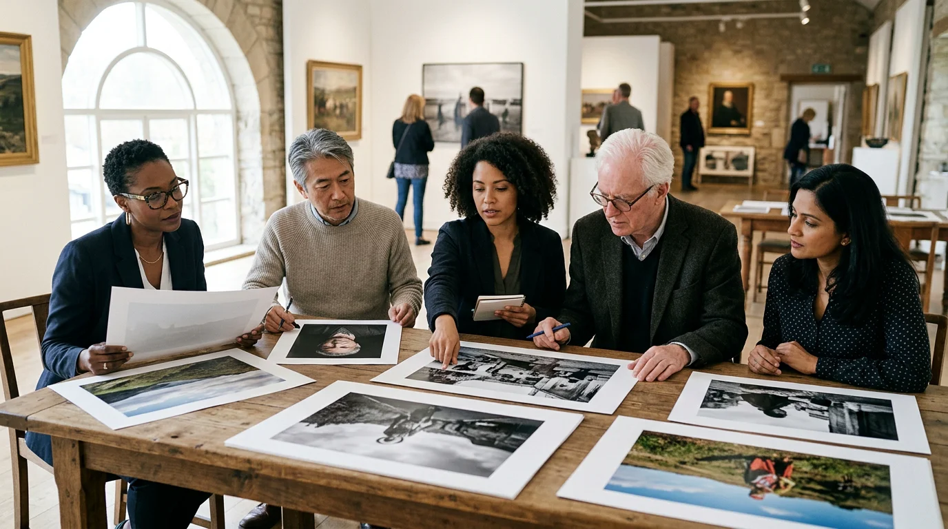 Un jurado diverso examinando fotografías impresas durante la evaluación de un premio