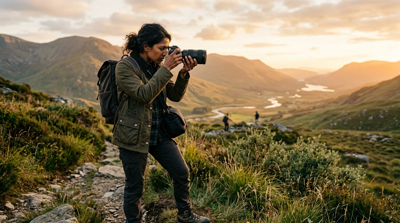 Un fotógrafo componiendo una imagen al aire libre durante la hora dorada