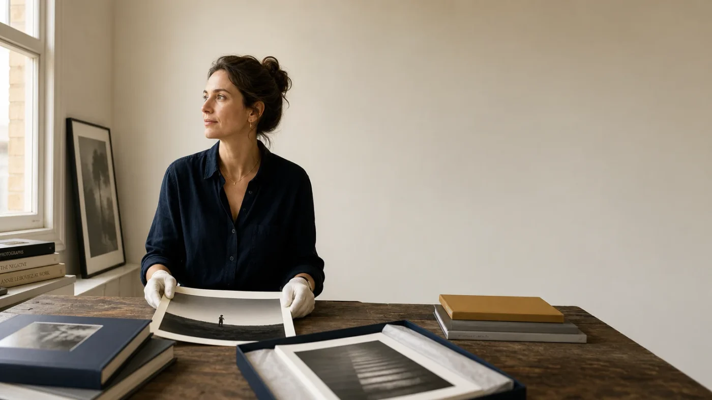 European curator surrounded by photography books and archival prints