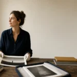 European curator surrounded by photography books and archival prints