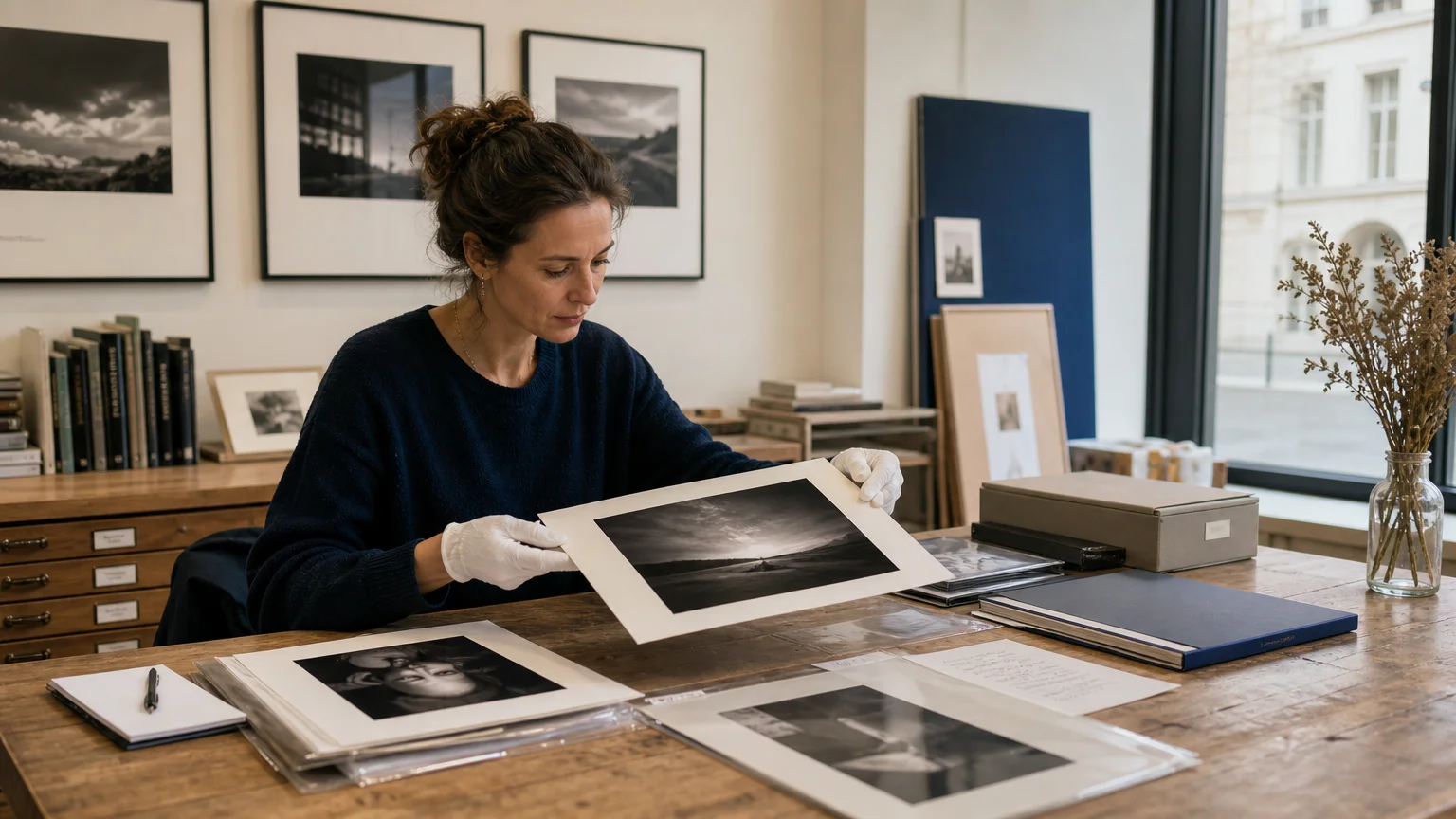 Curator reviewing fine art photography prints in a contemporary studio