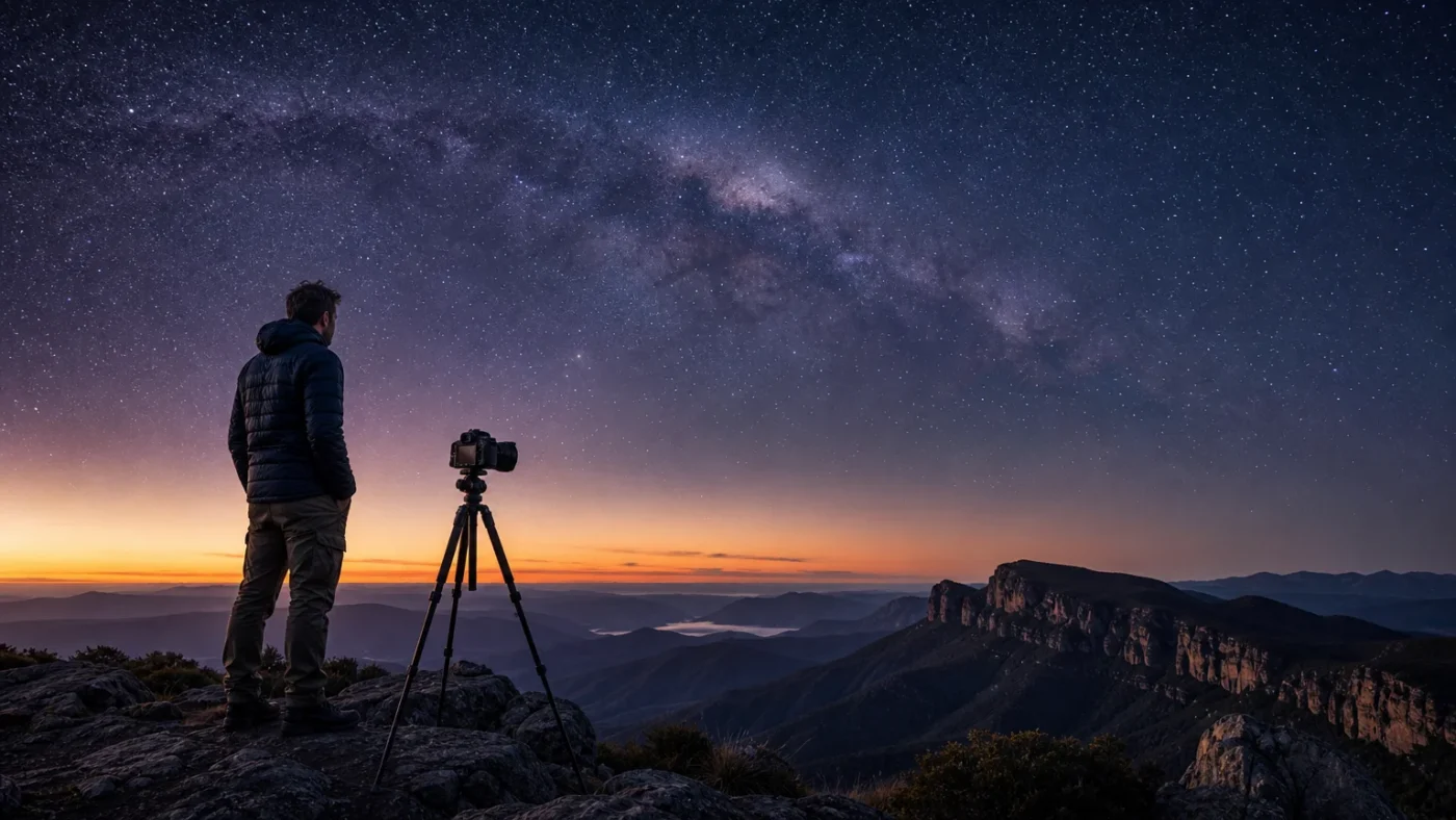 Photographer beneath a dramatic Milky Way landscape at twilight