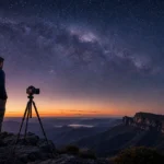Photographer beneath a dramatic Milky Way landscape at twilight