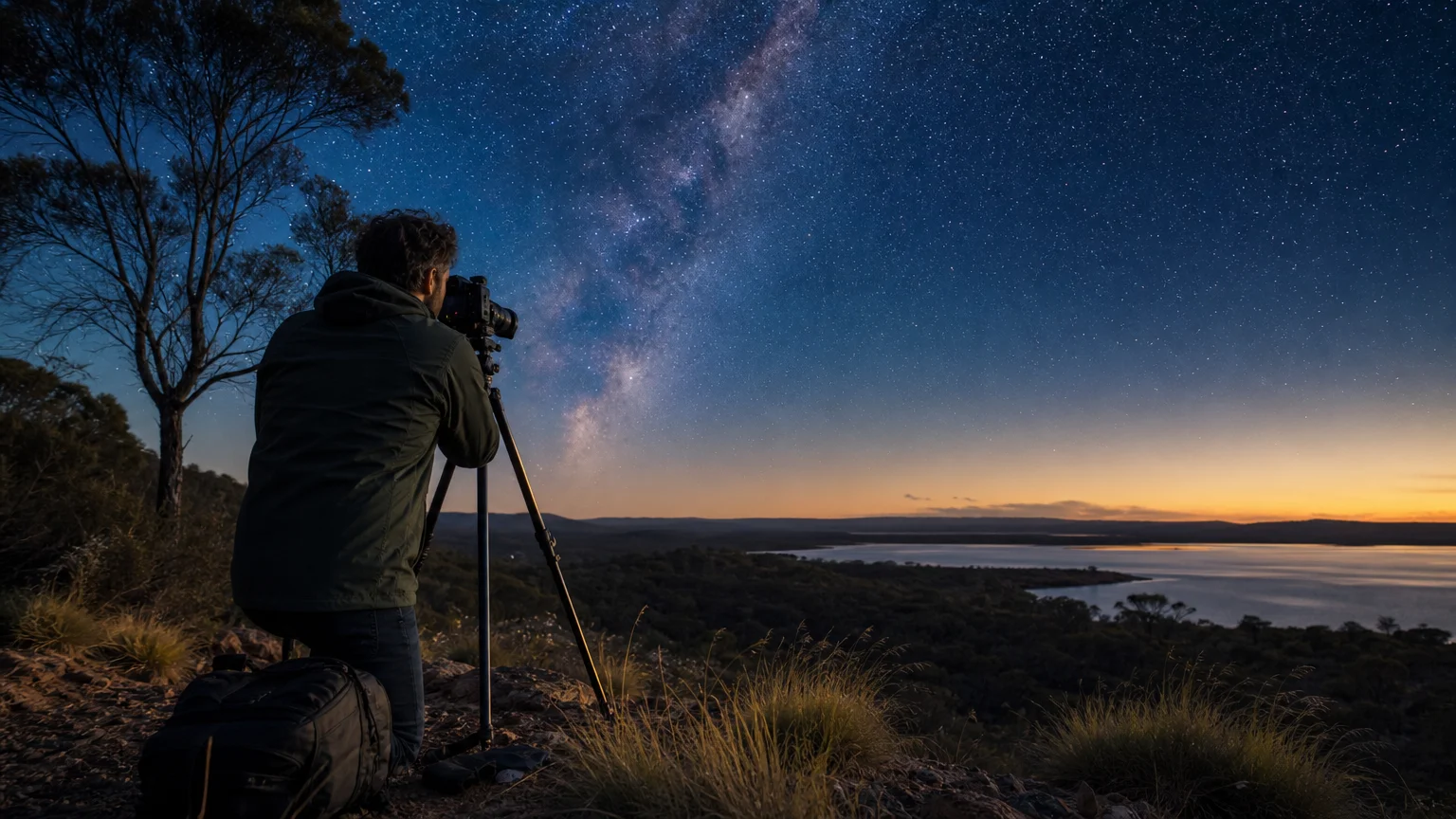 Photographer preparing an atmospheric nightscape beside an Australian landscape
