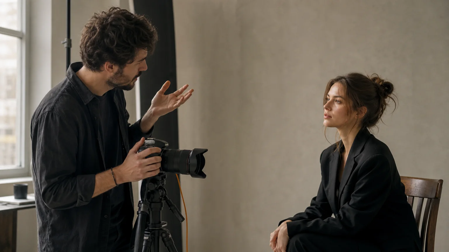 Portrait photographer directing a subject during a professional editorial session
