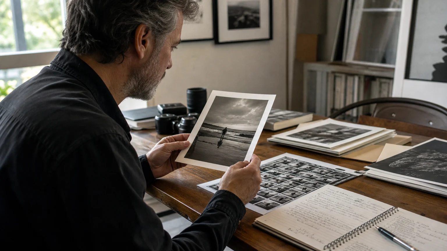 Photographer reviewing a photo with printed judging notes in a daylight studio